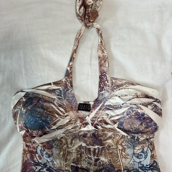 y2k abstract ruched halter bodycon mini dress joyce leslie size L - Picture 6 of 8